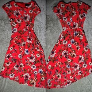 Donna Morgan Red Floral Assymetrical Hem Midi Dress | Size 2 |